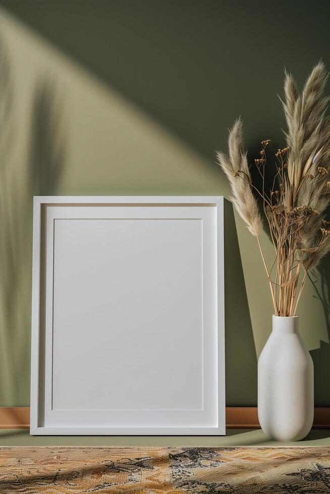 AI generated blank canvas frame template with dry flowers in vase on olive green wall mockup photo