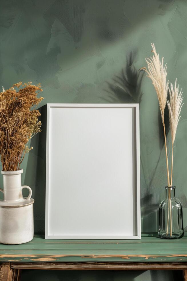 AI generated blank canvas frame template with dry flowers in vase on olive green wall mockup photo