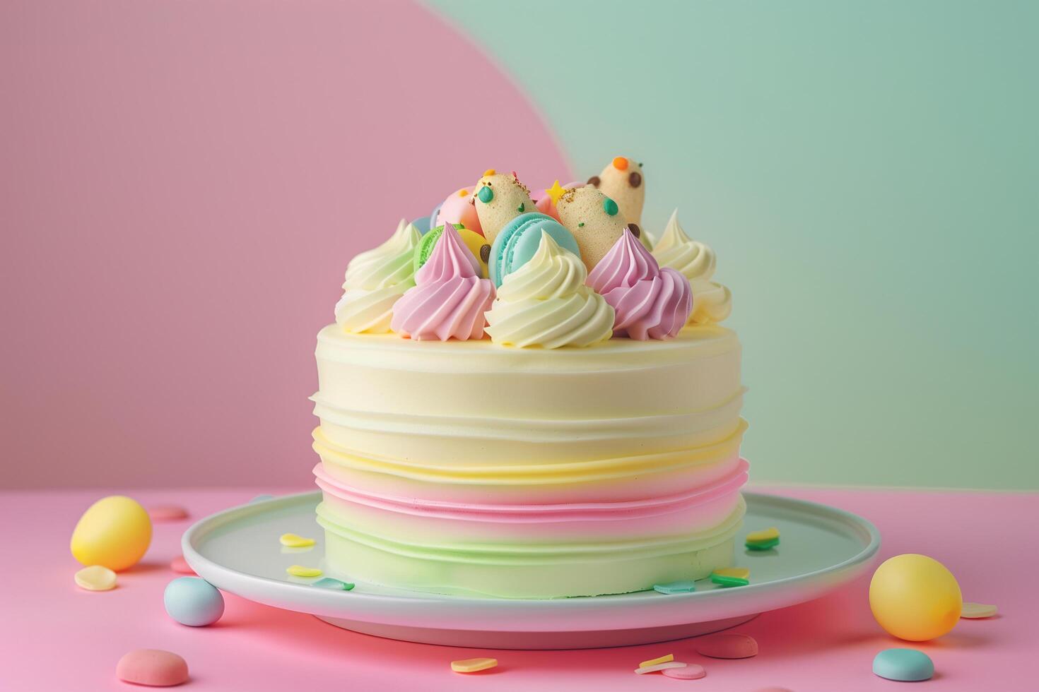 AI generated fancy rainbow cream cake on pastel background photo