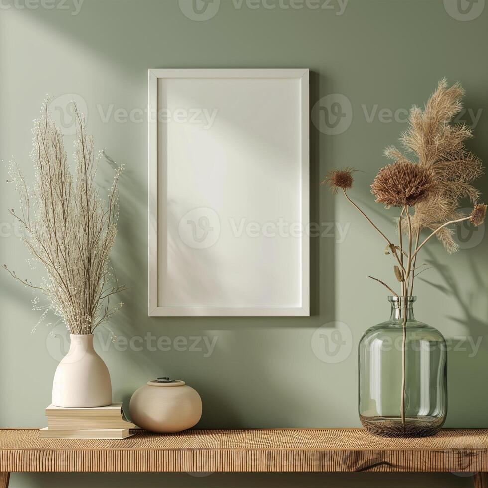 AI generated empty white canvas frame mockup with dried plants in vase on olive green wall photo