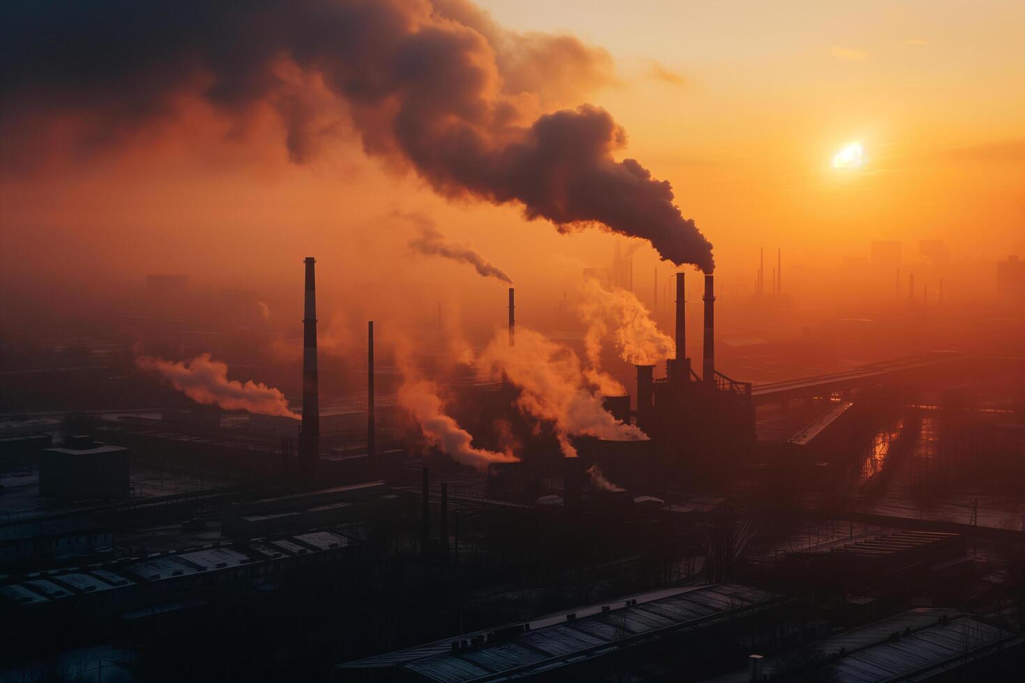 AI generated dirty air pollution smoke from factory chimney sunset time factory emission photo