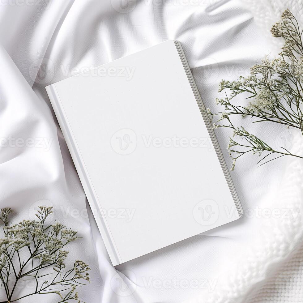 AI generated blank white notebook cover on white fabric with dry small white flower mockup template photo