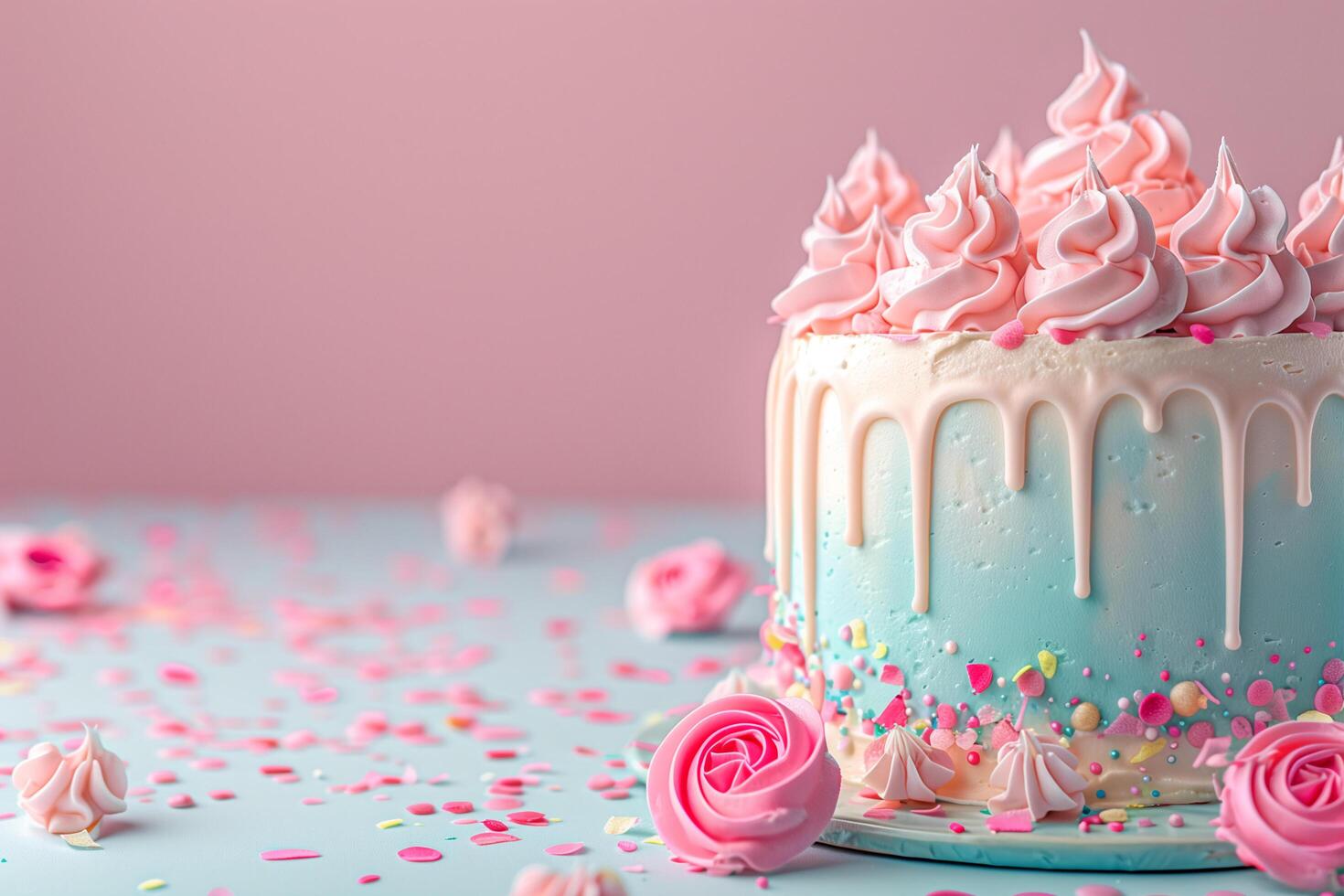 AI generated fancy rainbow cream cake on pastel background photo