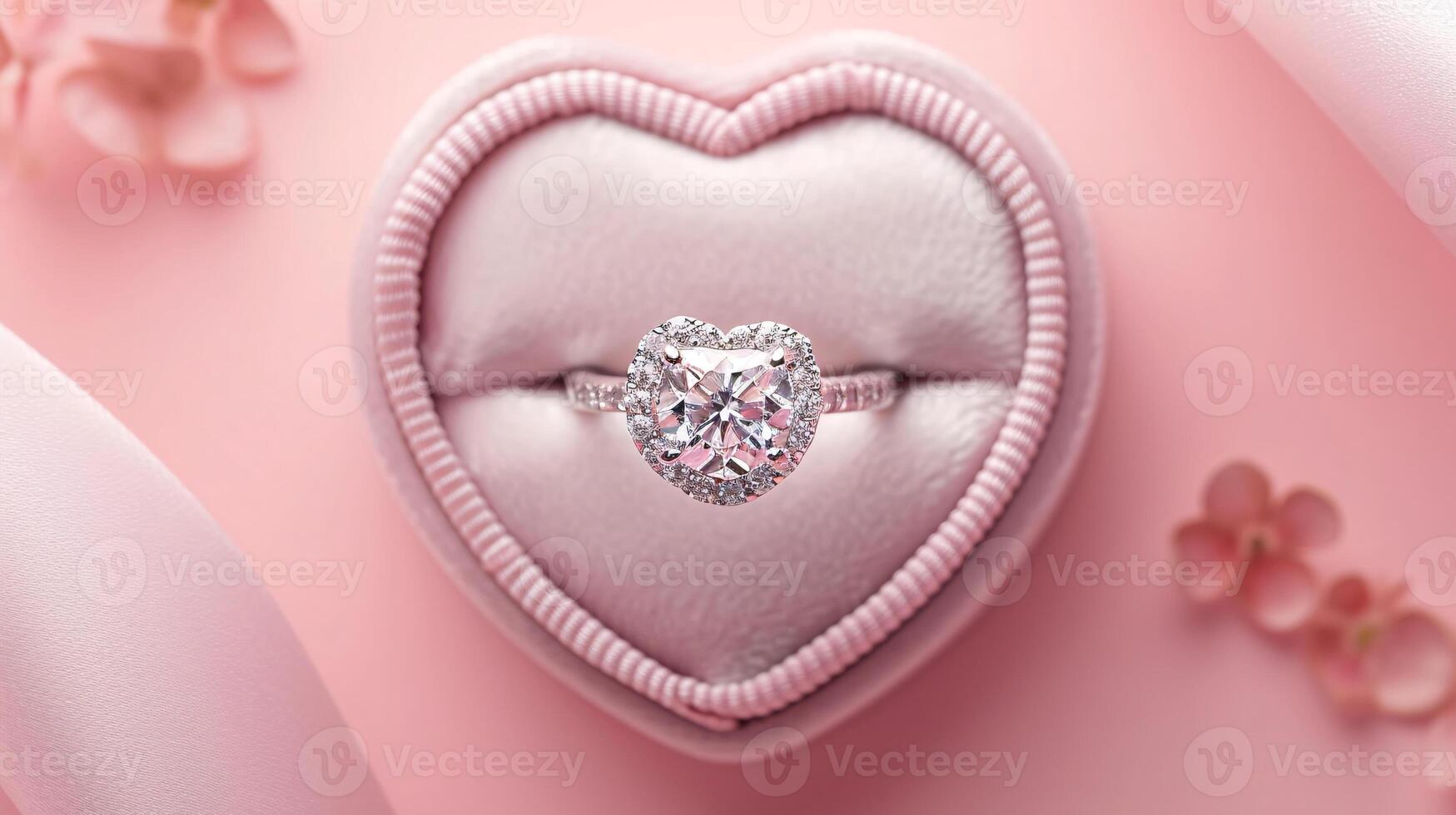 ai generado parte superior ver cerca arriba compromiso diamante anillo en corazón forma caja en rosado antecedentes foto
