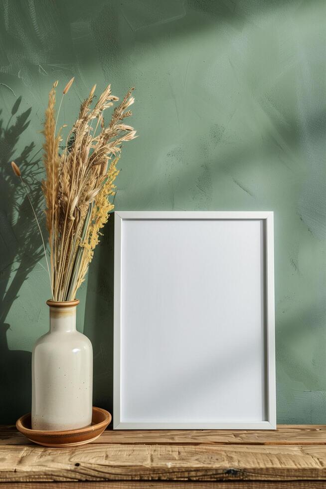 AI generated blank canvas frame template with dry flowers in vase on olive green wall mockup photo