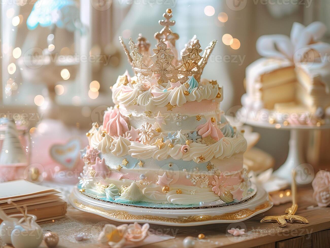 AI generated A sumptuously decorated multi-tier cake crowned with a golden tiara. Generative AI. photo