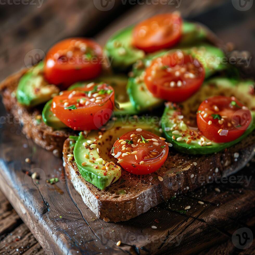 AI generated Avocado slices and cherry tomatoes on a toasted bread, sprinkled with sesame seeds. Generative AI. photo