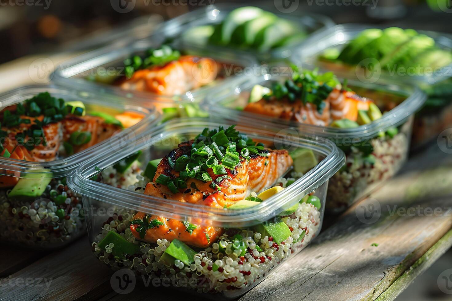 AI generated A set of meal prep containers filled with grilled salmon, avocado, quinoa, and fresh greens. Generative AI. photo