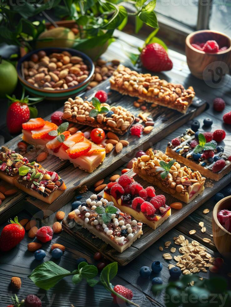 AI generated Chocolate bars generously topped with an assortment of fresh berries, nuts, and seeds on a rustic wooden board. Generative AI. photo