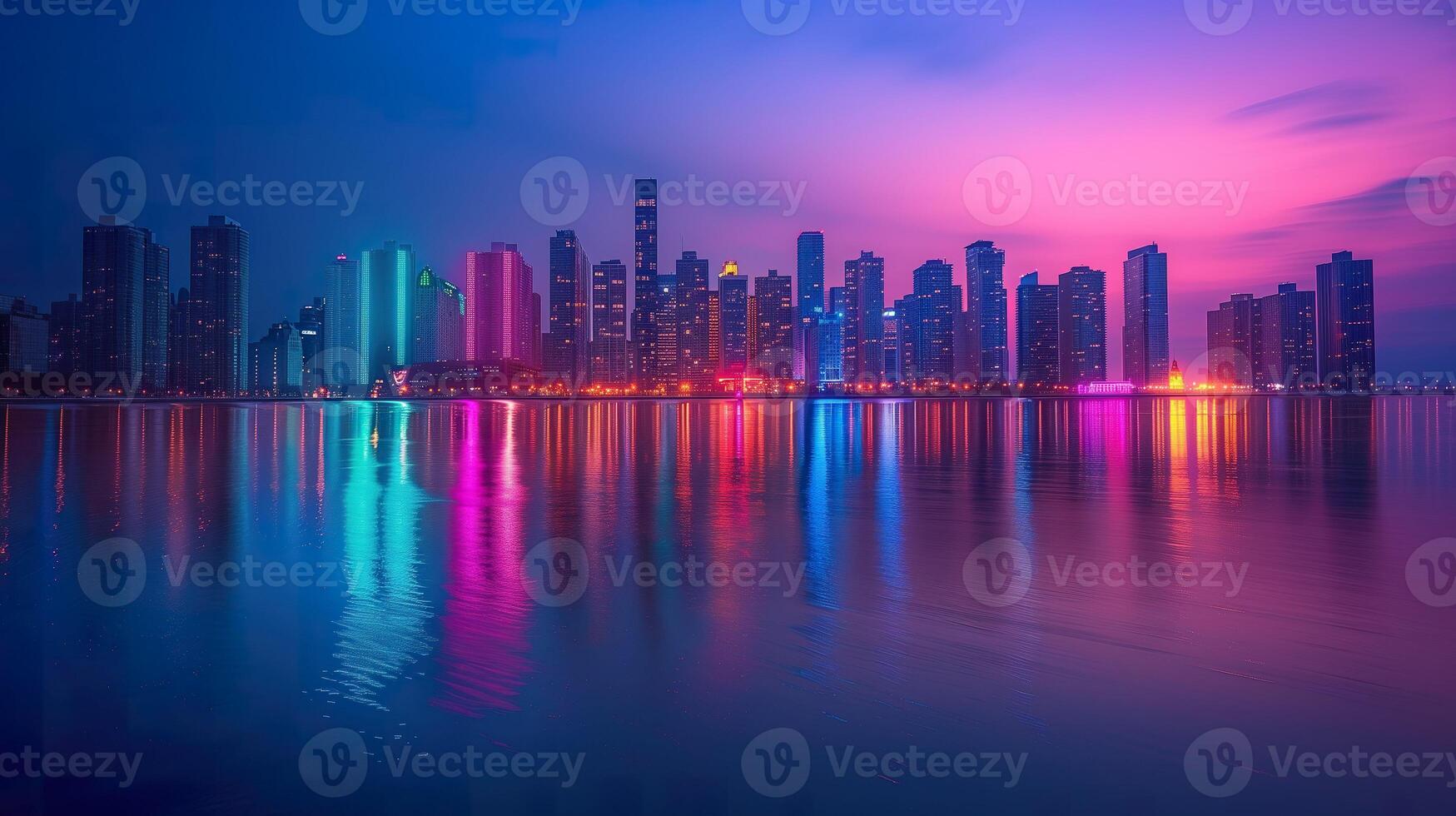 AI generated Cityscape with rainbow neon lights  at twilight and reflection in the water below. Generative AI. photo