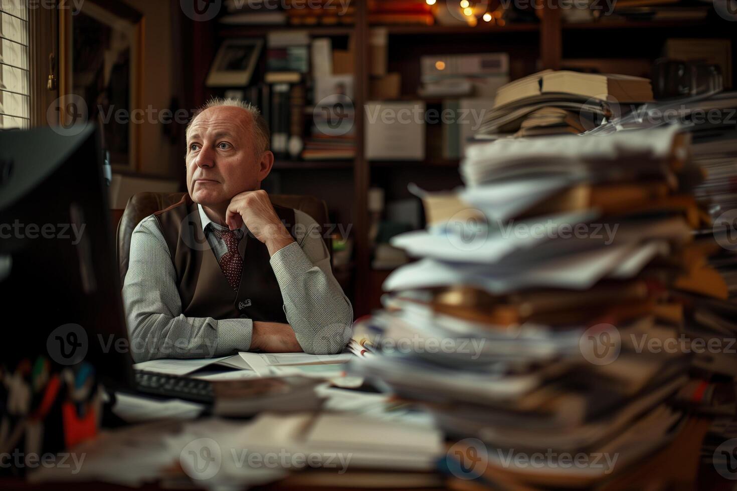 AI generated Mature businessman surrounded by piles of paperwork in a disorganized office setting. Generative AI. photo