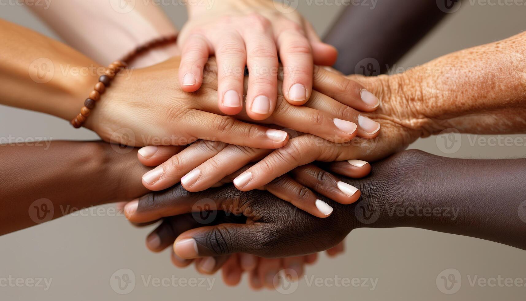 AI generated A pile of diverse hands on top of each other, symbolizing unity, strength, and the beauty of diversity. Generative AI. photo