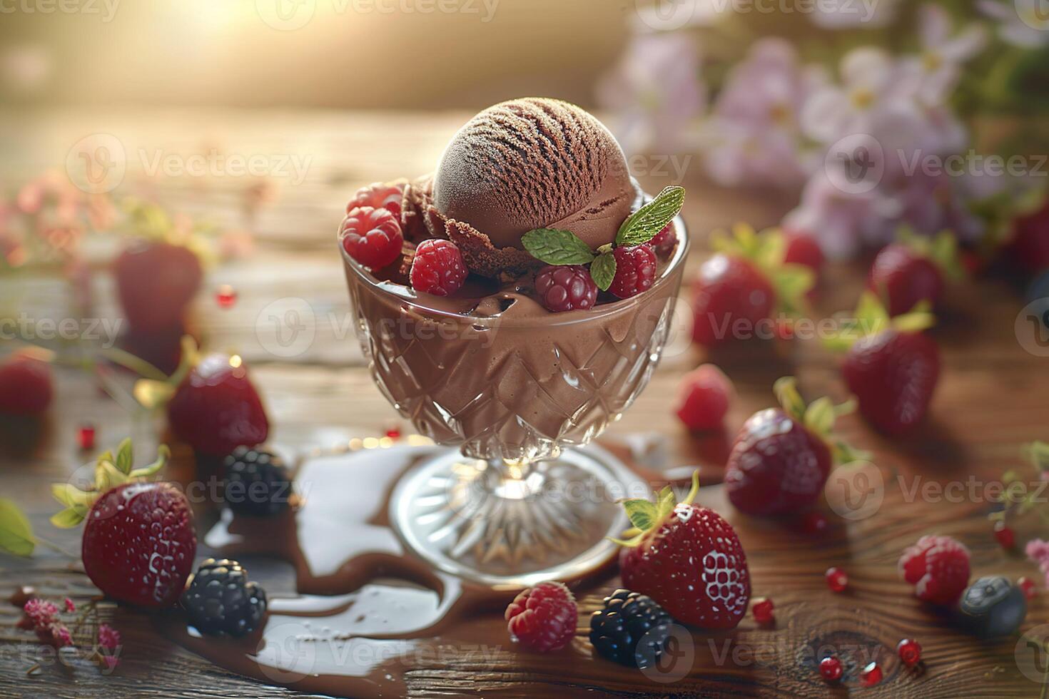 AI generated Chocolate ice cream adorned with fresh raspberries and blueberries, basking in the warm glow of a summer sunset. Generative AI. photo
