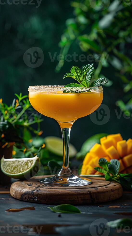 AI generated Mangonada Mexican Cocktail. Mango Smoothie Margarita with Chamoy, Lime and Chili. AI Generated photo