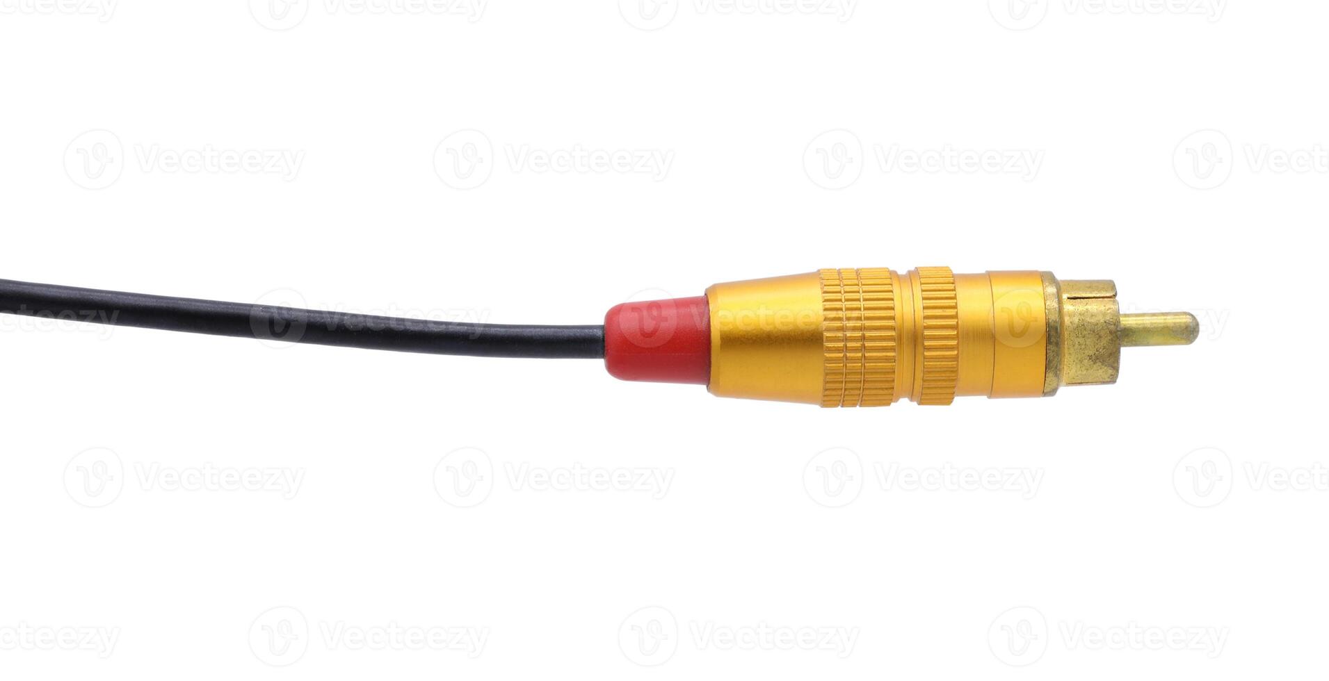 Gold colored AV cable connector isolated on white background. photo