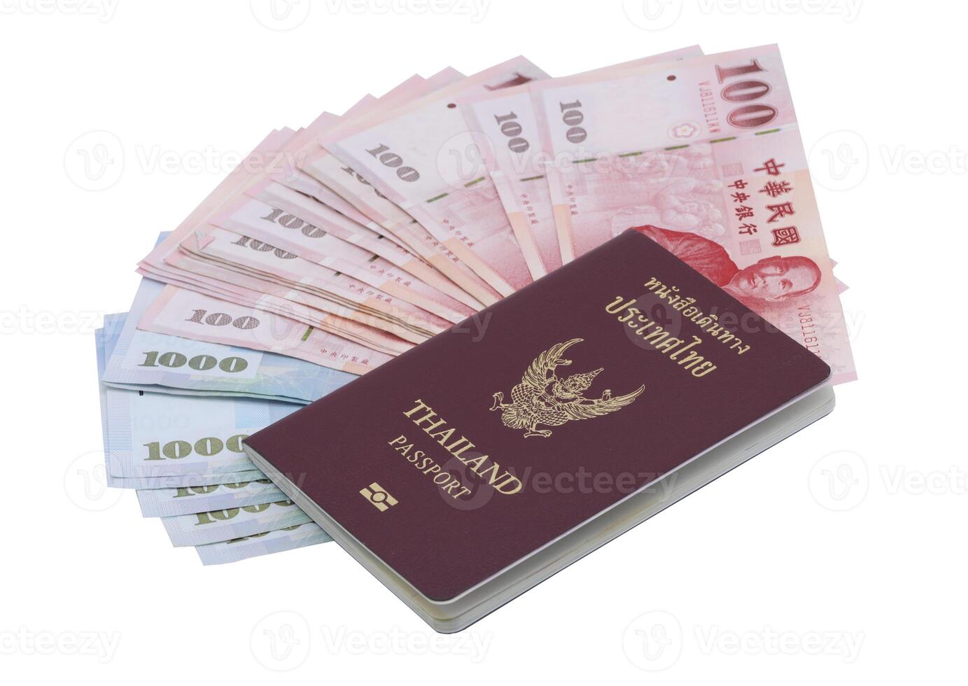 Thai passport with Taiwan Dollars banknotes isolated on white background. photo