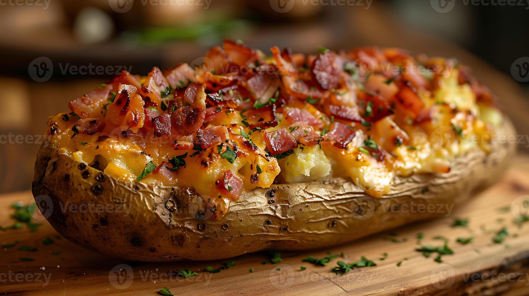 AI generated Loaded baked potato on a wooden table close up view photo