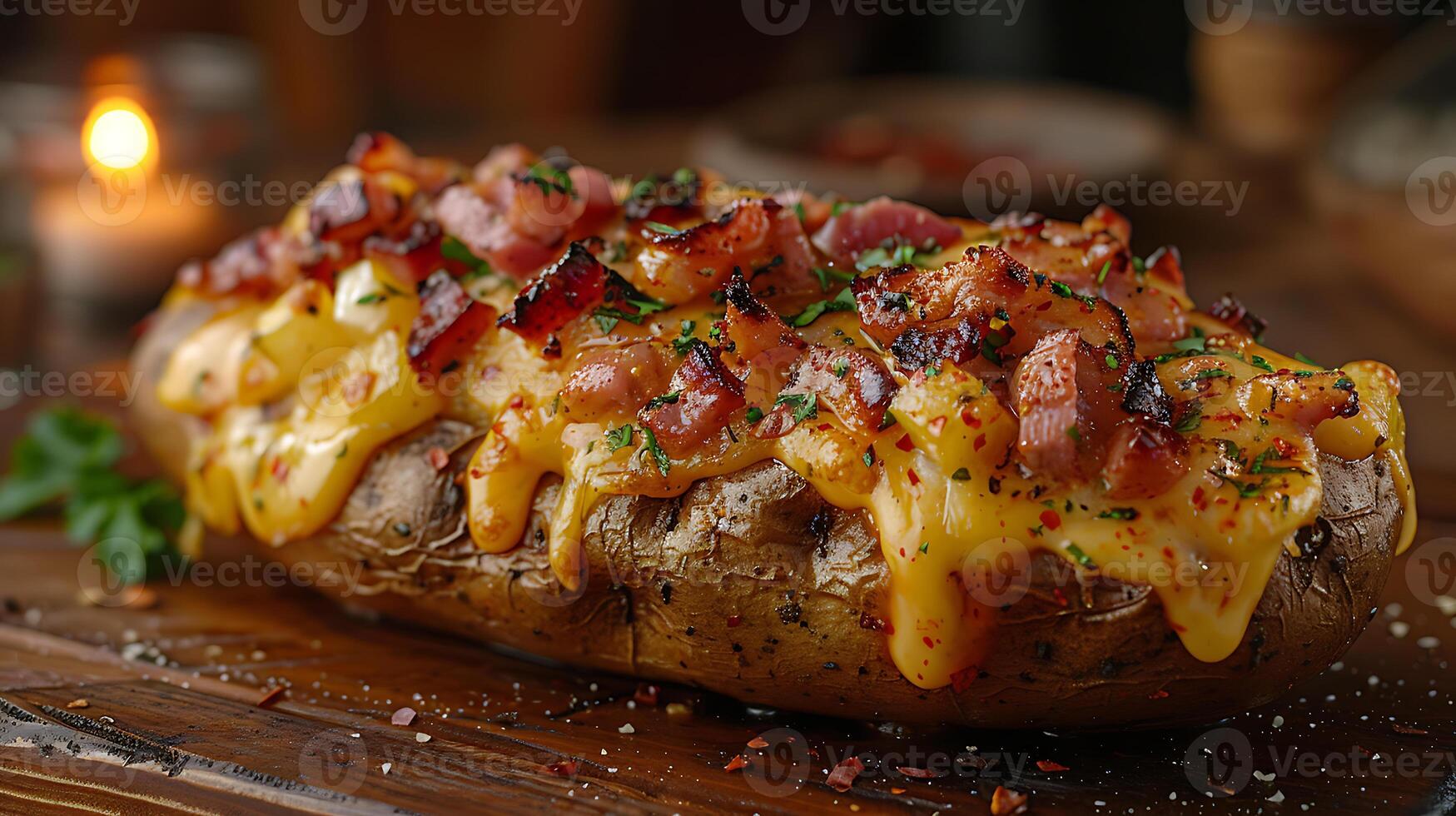 AI generated Loaded baked potato on a wooden table close up view photo