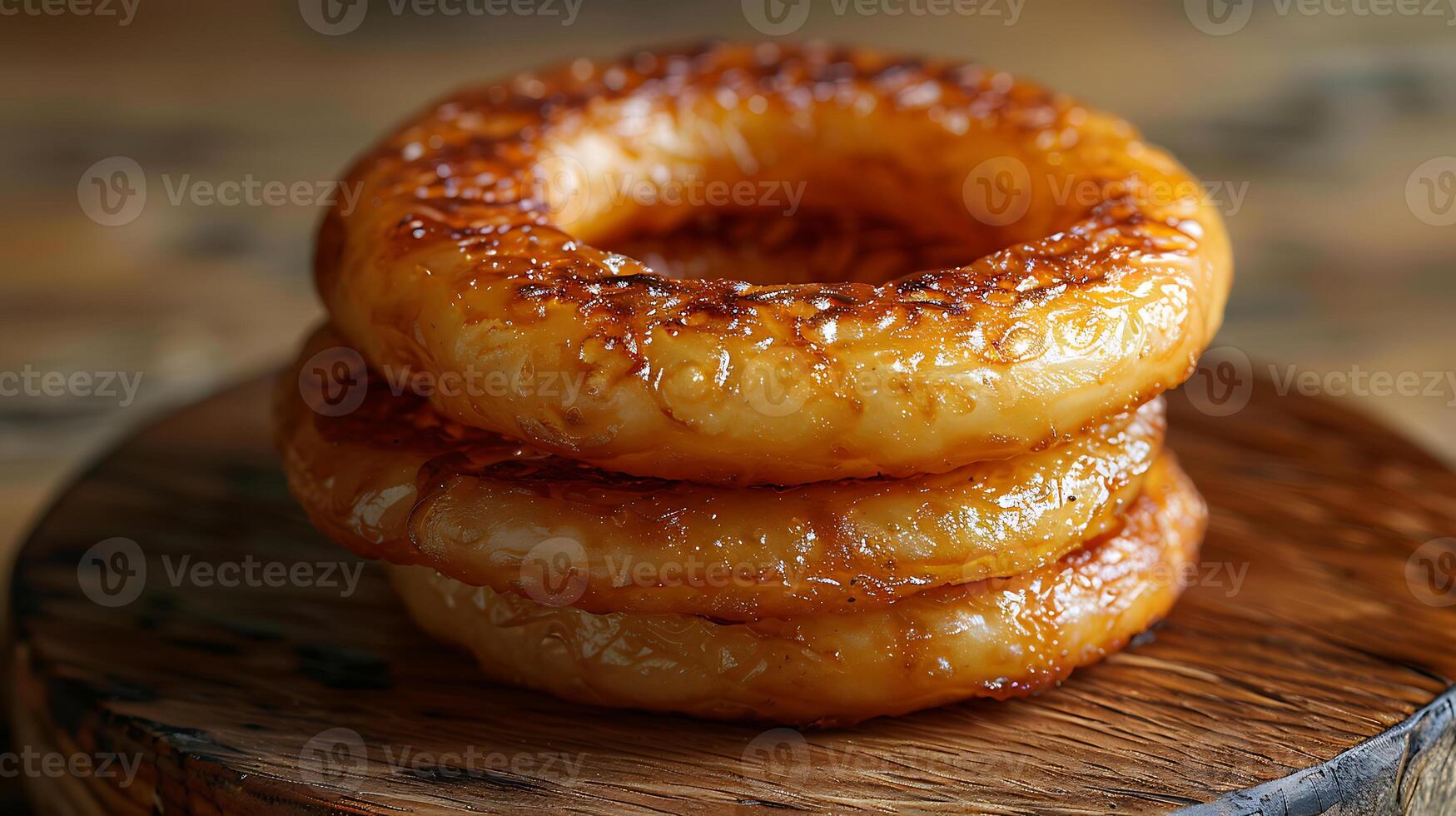 AI generated Fresh onion rings food on a wooden table photo