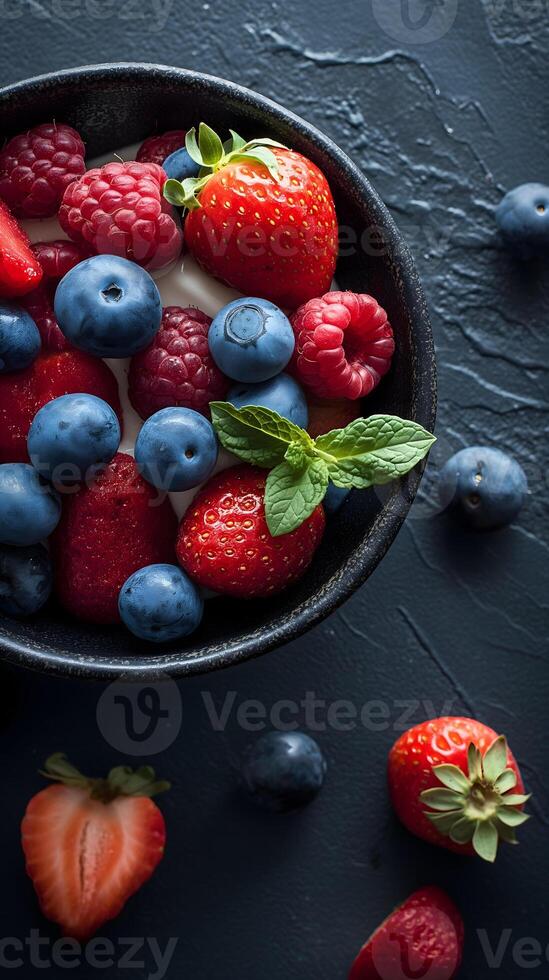 AI generated Fresh Berries in a Bowl on Dark Surface photo