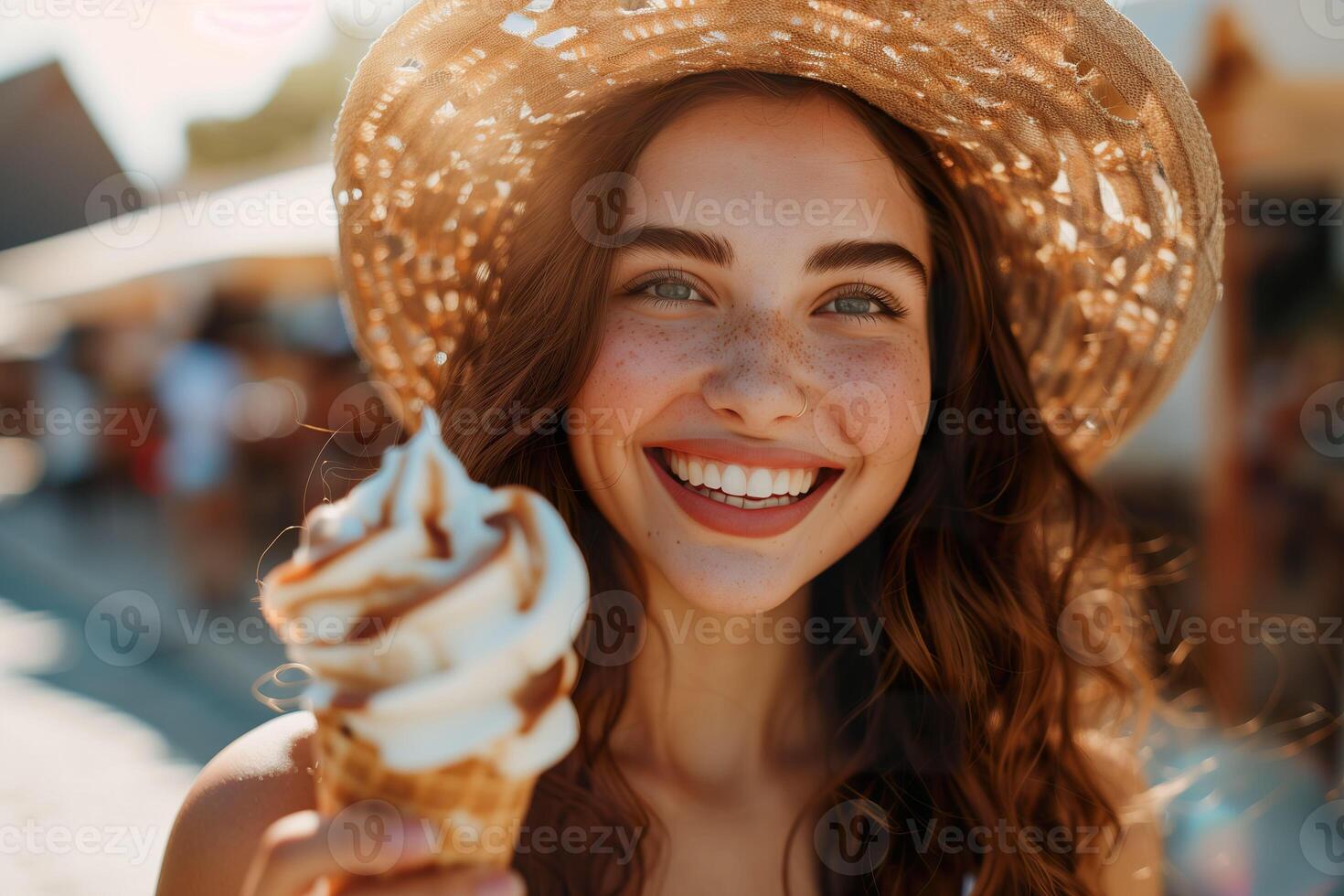 AI generated Smiling young woman enjoying an ice cream cone under summer sun. Generative AI. photo