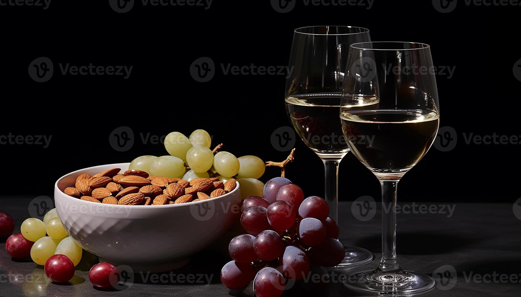 AI generated Fresh fruit on wooden table, glass of wine in background generated by AI photo