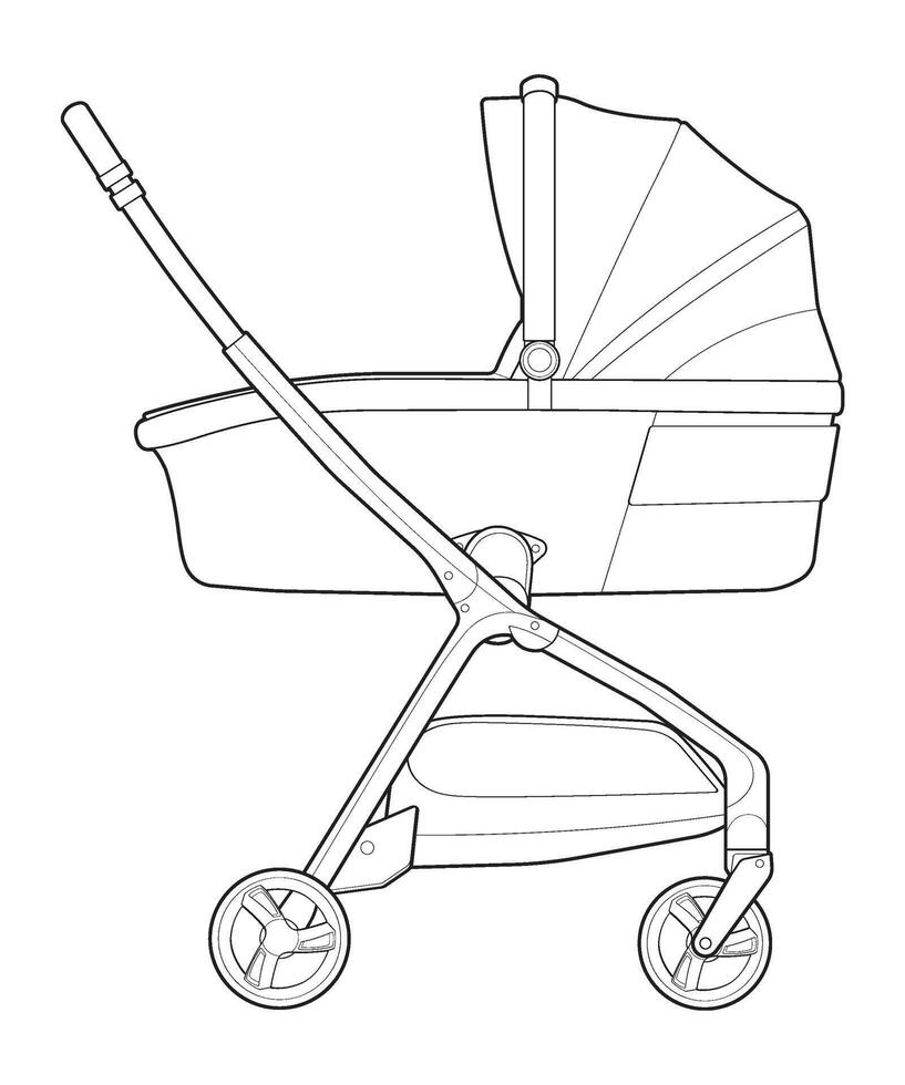 outline vector baby stroller isolated on white background. Vector illustration of a sketch style.