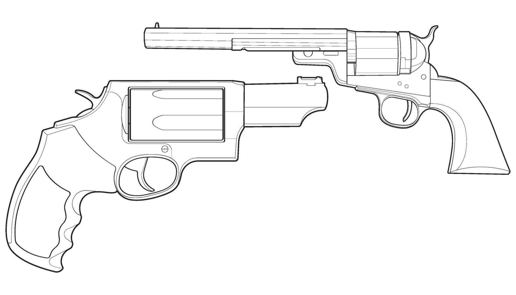 empaquetar conjunto de revólver con línea Arte estilo, disparo pistola, arma ilustración, vector línea, pistola ilustración, moderno arma de fuego, militar concepto, pistola vector.