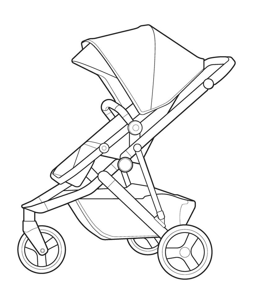 outline vector baby stroller isolated on white background. Vector illustration of a sketch style.