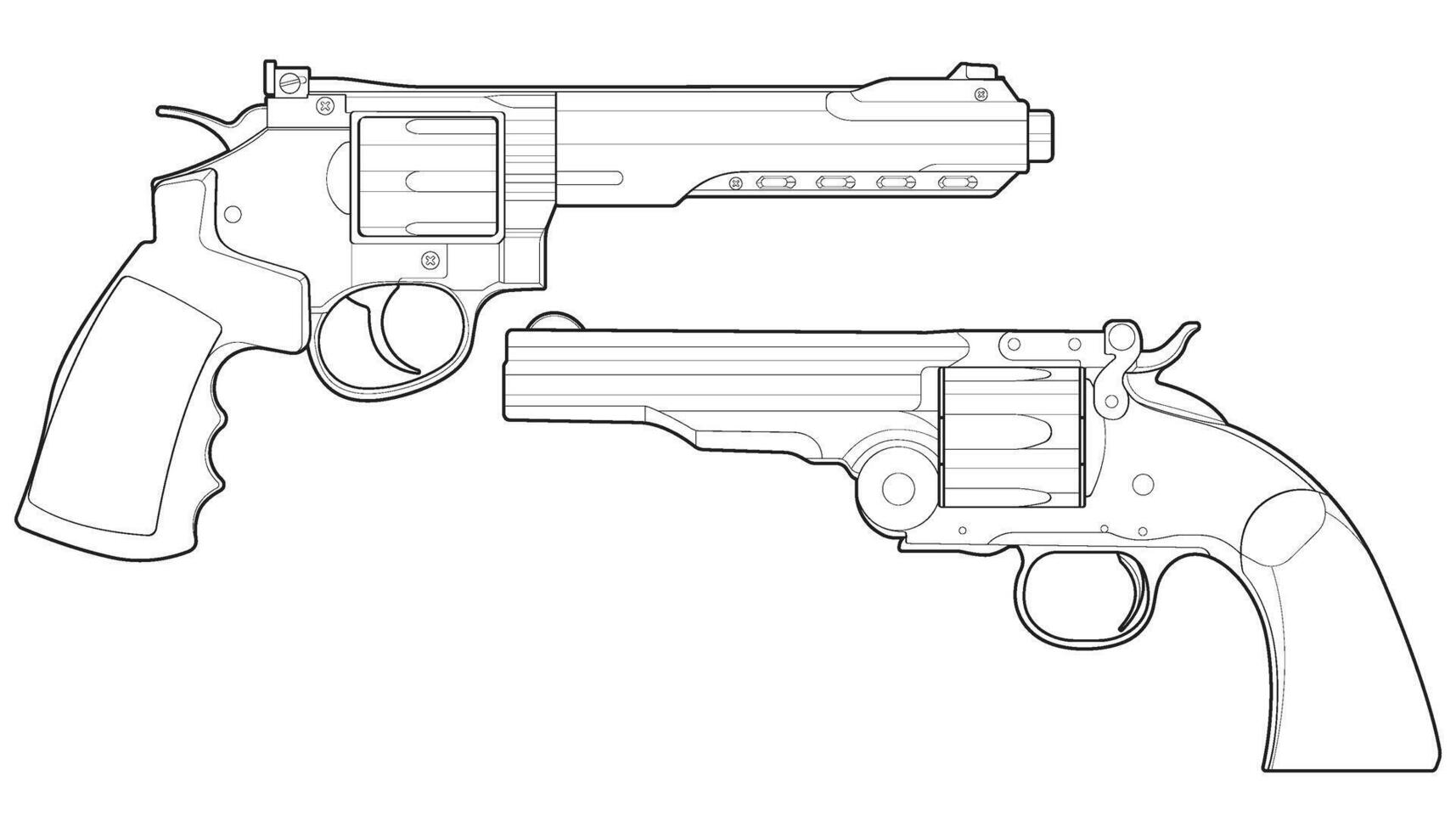 Bundling set of Revolver with line art style, Shooting gun, Weapon illustration, Vector Line, Gun illustration, Modern firearm, Military concept, Pistol vector.