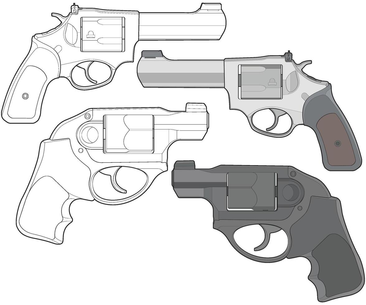 Bundling set of Vector of Revolver art, Shooting gun, Weapon illustration, Vector Revolver, Gun illustration, Modern firearm, Military concept, Pistol vector.