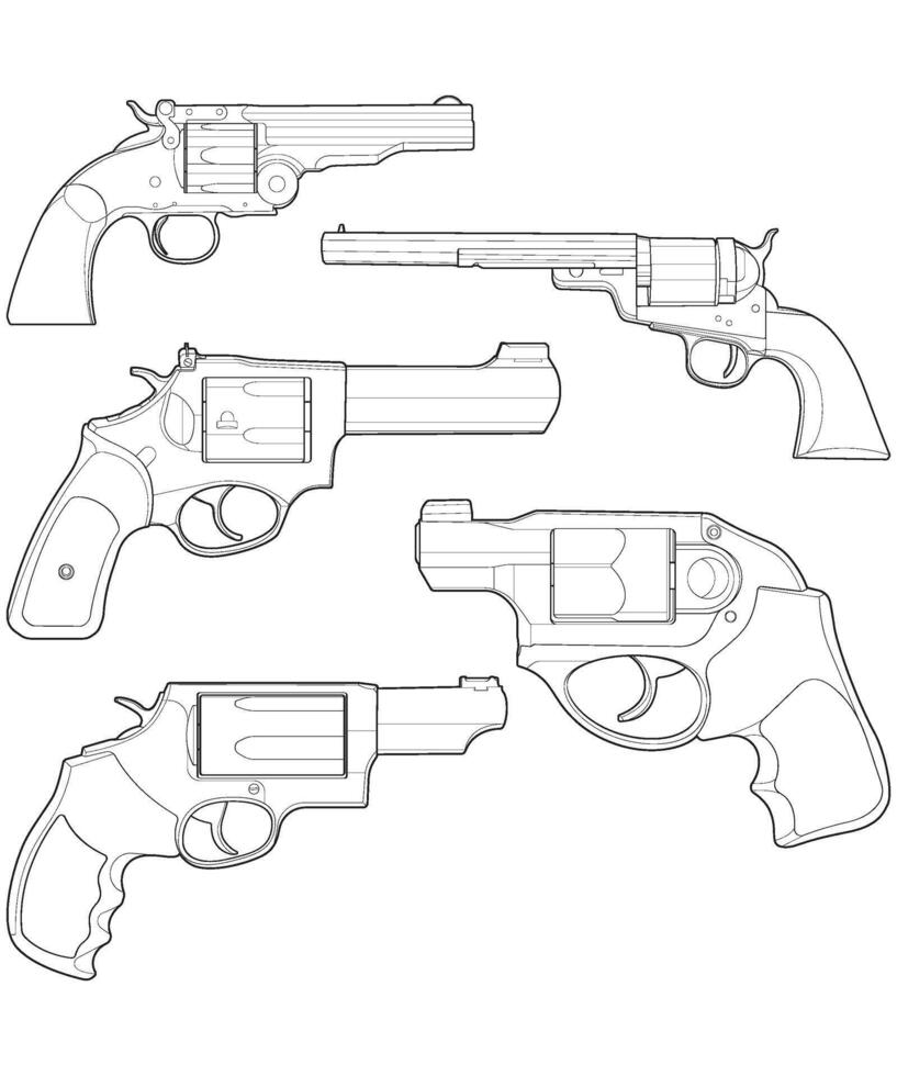Bundling set of Revolver with line art style, Shooting gun, Weapon illustration, Vector Line, Gun illustration, Modern firearm, Military concept, Pistol vector.