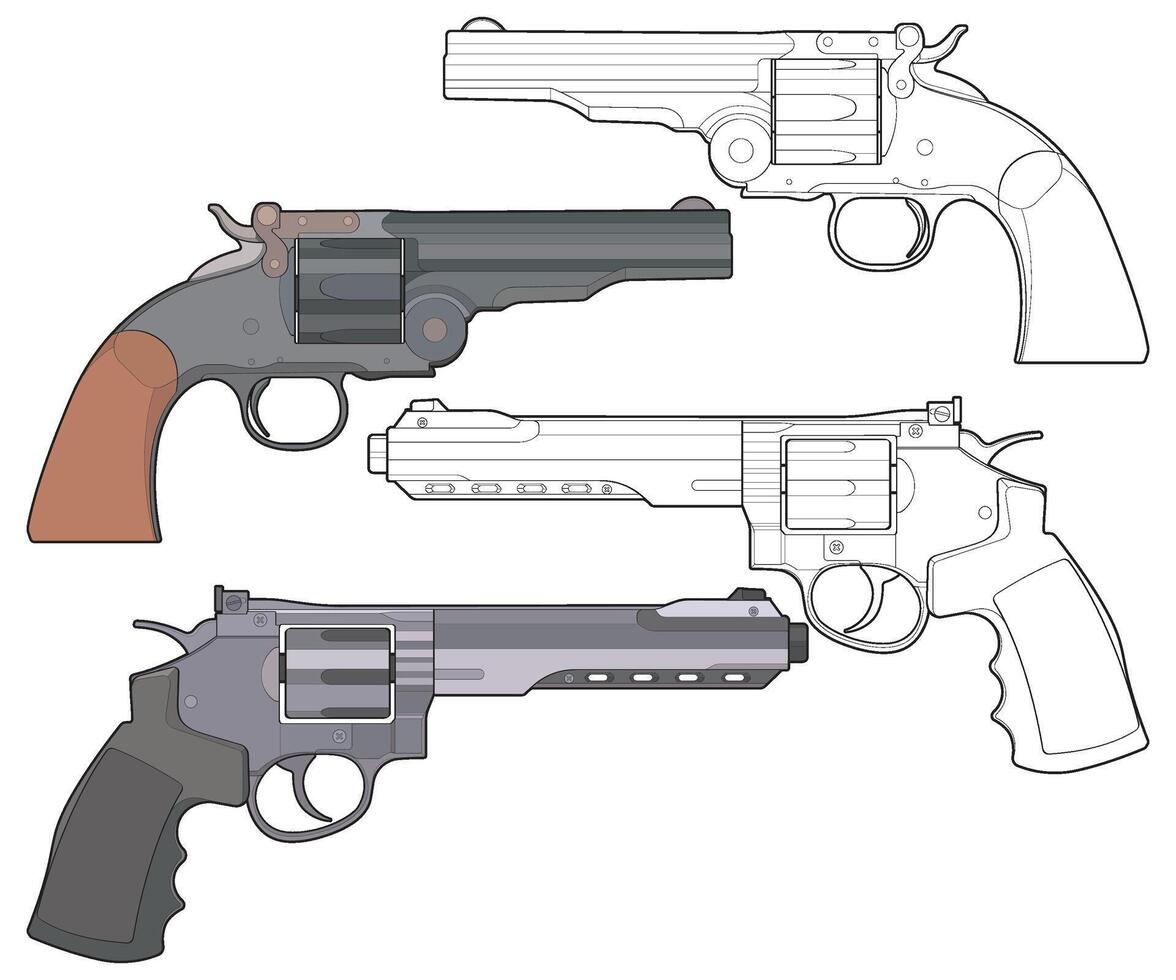 Bundling set of Vector of Revolver art, Shooting gun, Weapon illustration, Vector Revolver, Gun illustration, Modern firearm, Military concept, Pistol vector.