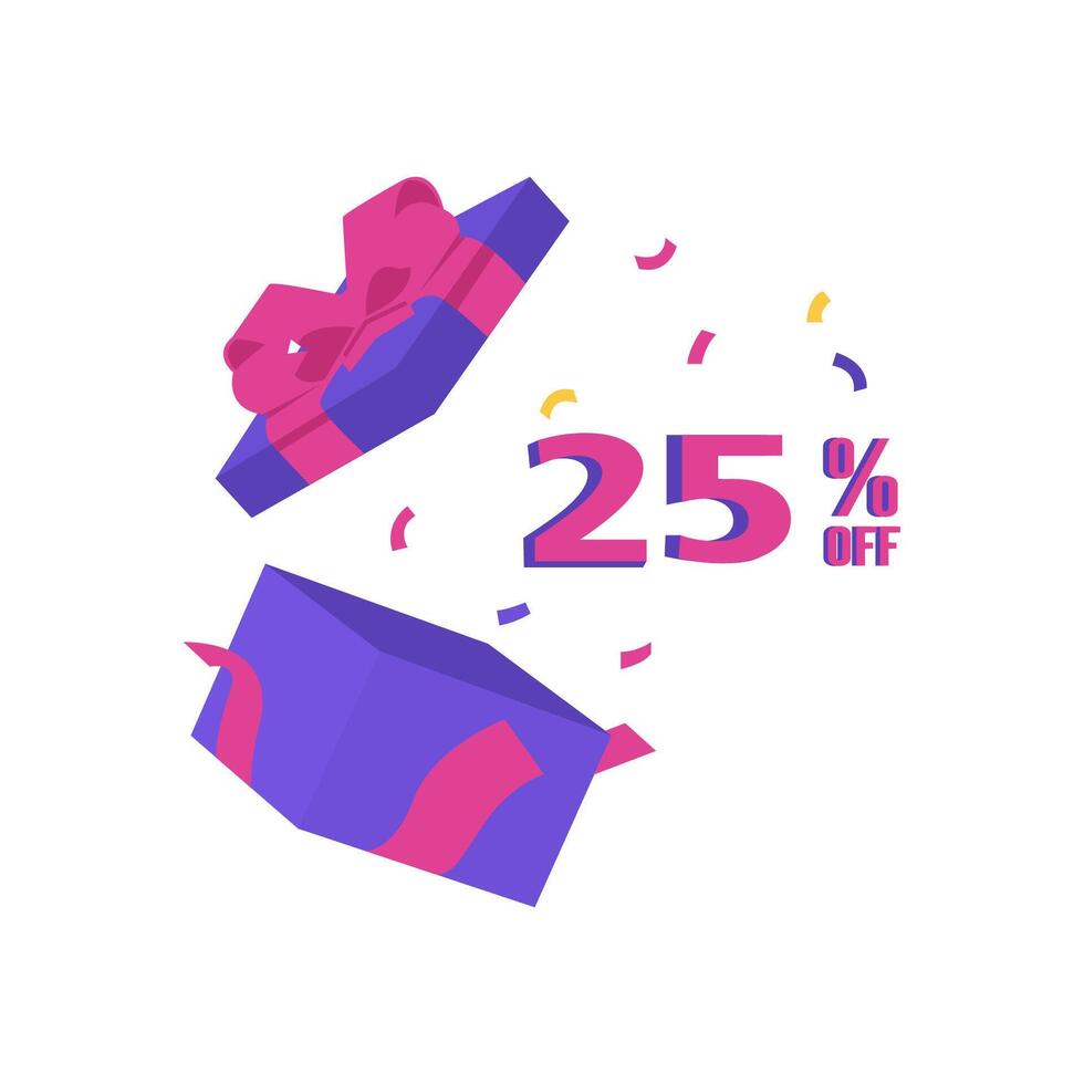 Open gift boxes, ribbons and confetti, 25 percent discount vector