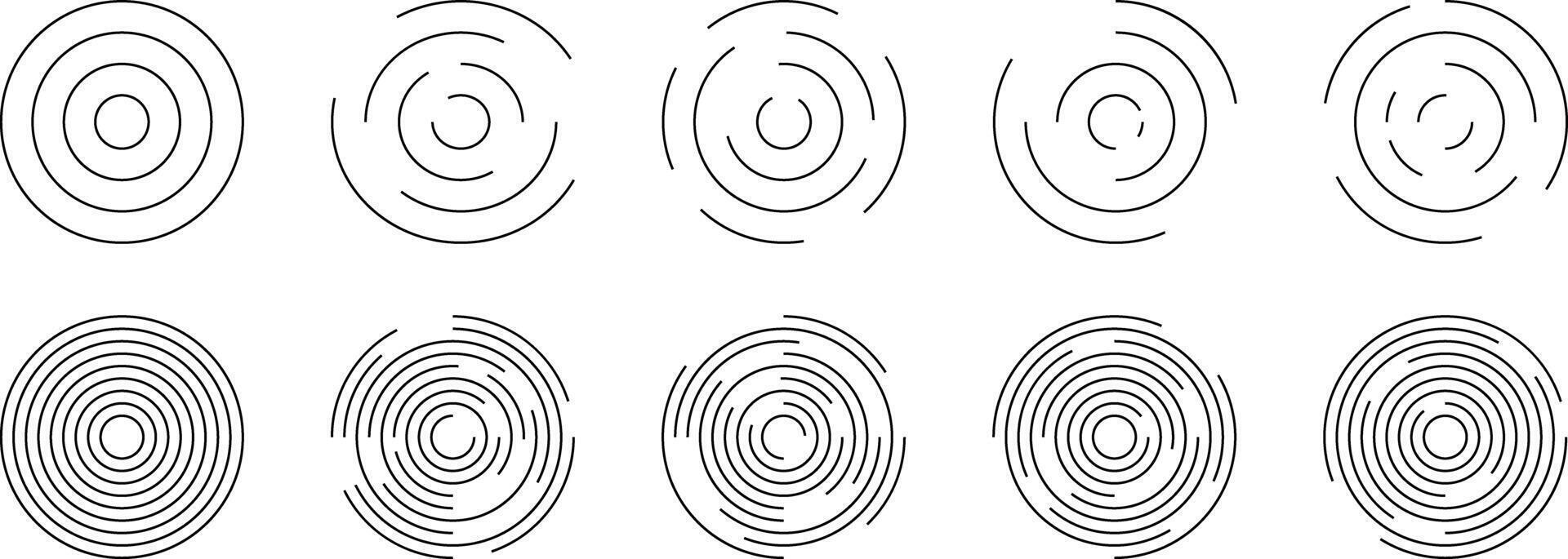 Set of circular ripple icons. Concentric circles with broken lines. Vortex, sonar wave, soundwave, sunburst, signal signs vector