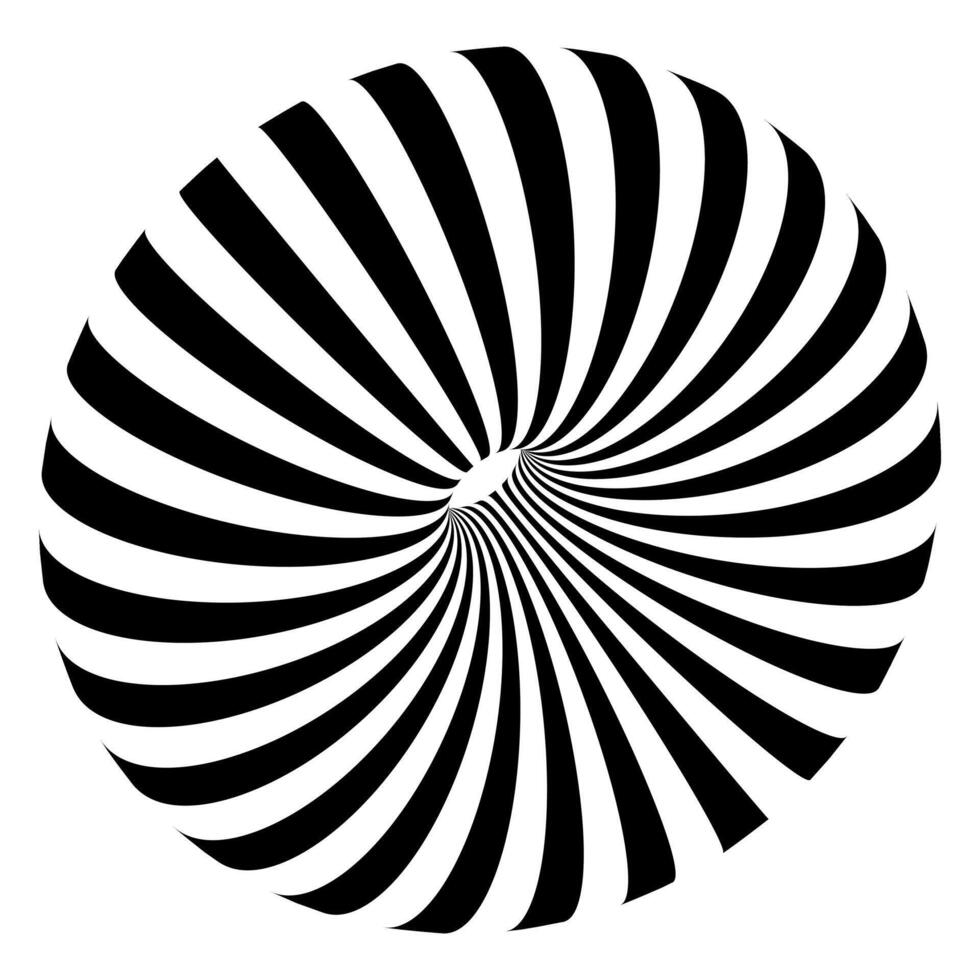 3D striped torus shape in perspective. Donut figure in three dimensional space with black and white lines. Circular object with hole in center vector