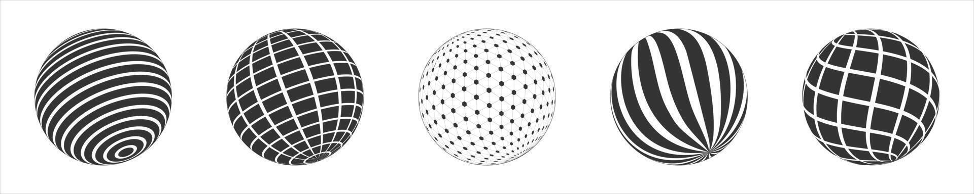 Set of 3D sphere wireframe icons in brutalism style. Orbit models, spherical shapes, different balls with grid and striped patterns vector