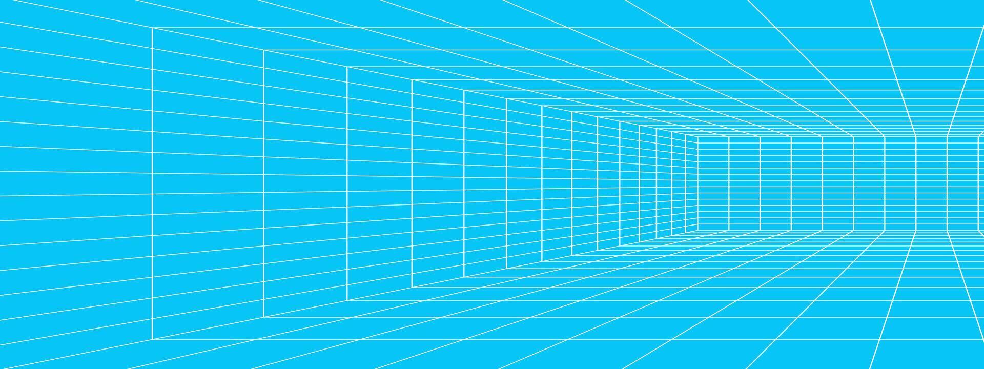 White rectangle wireframe in perspective on blue background. Room, hall, studio, portal or box grid structure. Engineering, architecting or technical isometric scheme vector