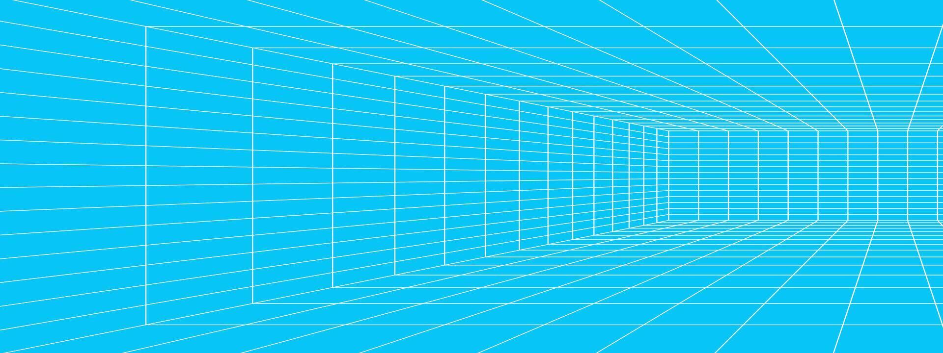 White rectangle wireframe in perspective on blue background. Room, hall, studio, portal or box grid structure. Engineering, architecting or technical isometric scheme vector