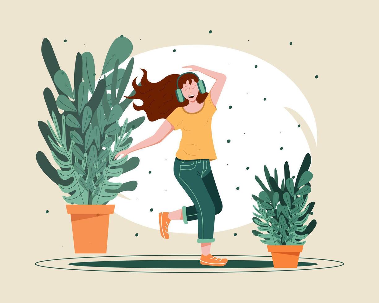 Happy teenage girl listen music in headphones and dancing. Positive female character. Plants in pots on background vector