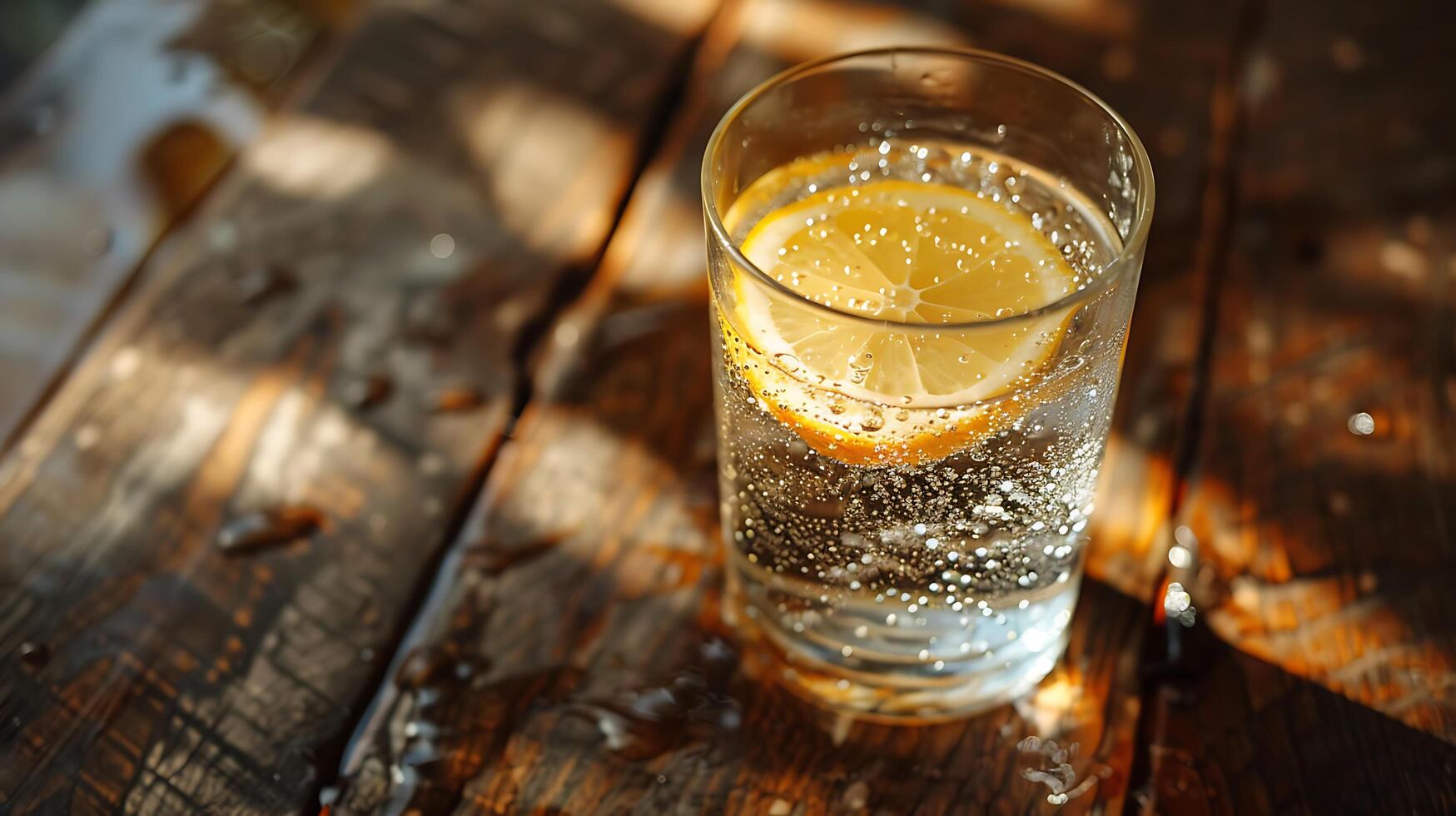 AI generated Sparkling Water and Lemon Slice Macro CloseUp on Rustic Wooden Table Capture Condensation Details photo