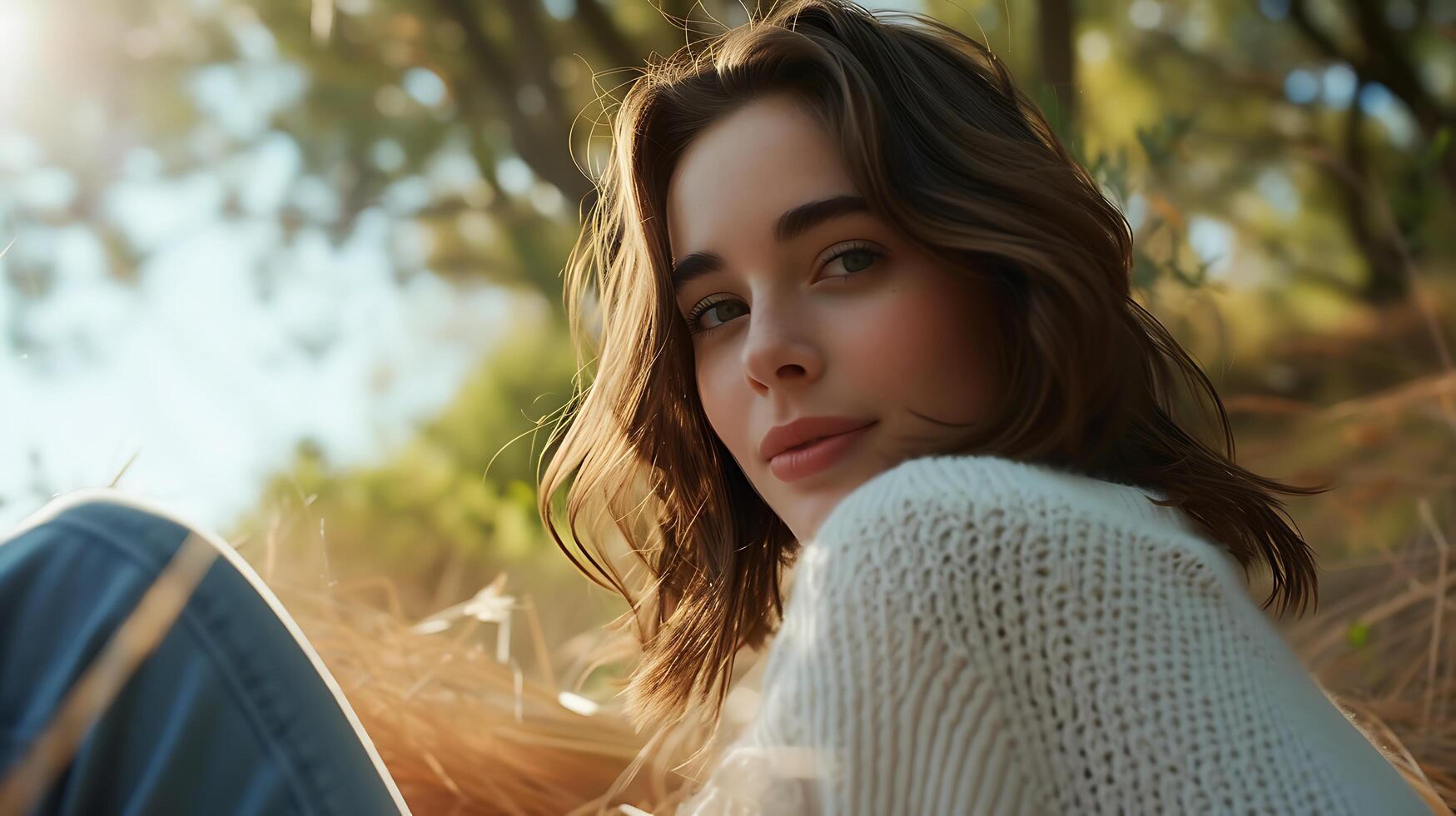 AI generated Young Woman Contemplates Mountain Vista in Soft Light Perched on Scenic Cliff Edge photo
