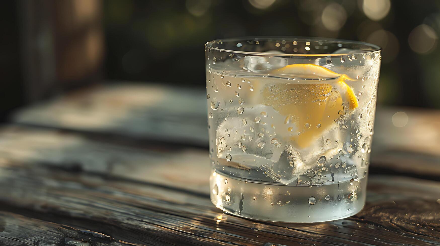 AI generated Refreshing Lemonade Glistens in Soft Natural Light on Rustic Outdoor Table photo