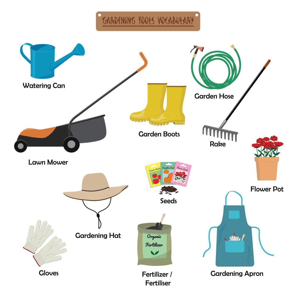 Set of gardening tools flat vector isolated on white background. Elements for garden, gardening concept. Gardening tools. Work tools.