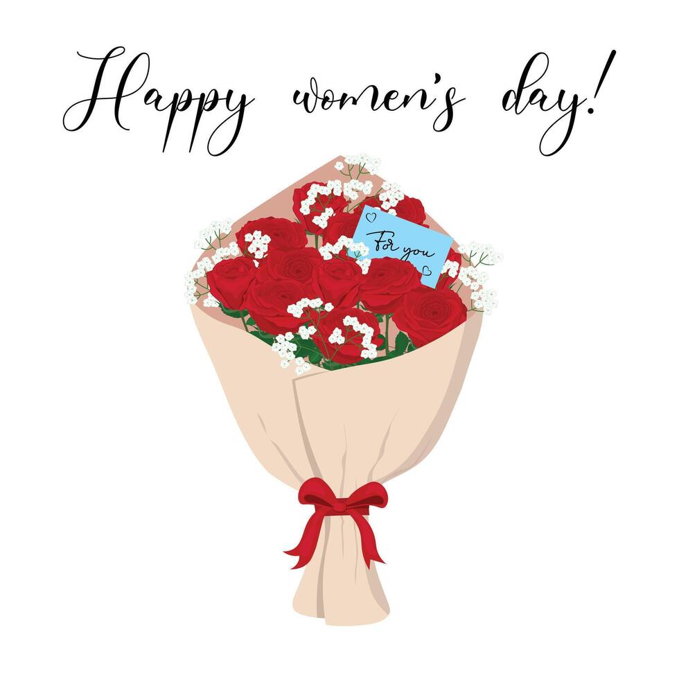 Red rose bouquet flat vector isolated on white background. Happy women's day. Valentine's day