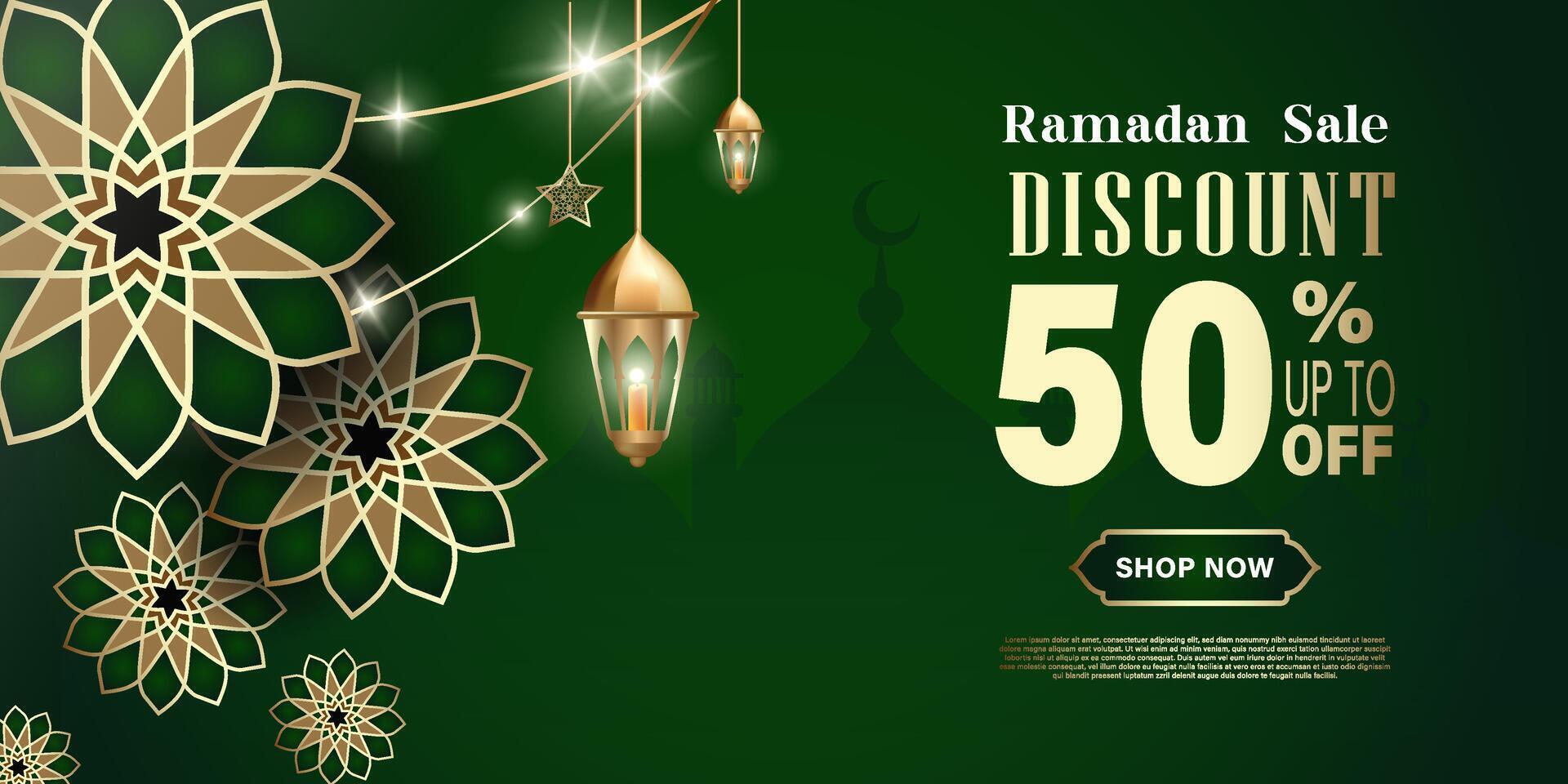 Discount promotional banner, with a Ramadan or Islamic theme. dark green color vector
