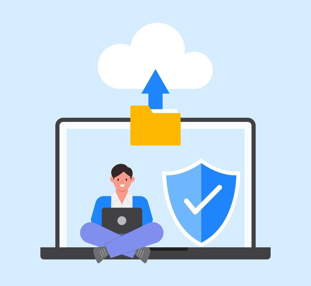 An illustration of a man uploading file to cloud. Secure file sharing concept with characters. Modern flat style for landing page, web banner, infographics vector