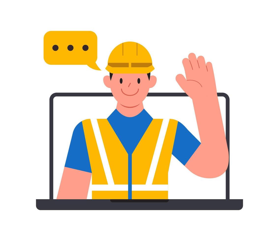 Worker Man do business video call conference, telecommuting, Webinar, using laptop talk to colleagues, online learning and remote working concept, flat vector illustration