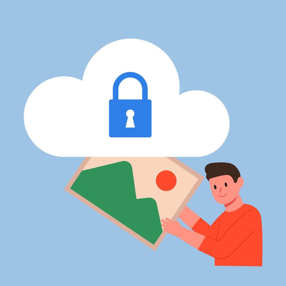 Upload photo concept. Man uploading image or picture to cloud storage. Concept of Cloud Data Protection. Vector character illustration isolated on blue background