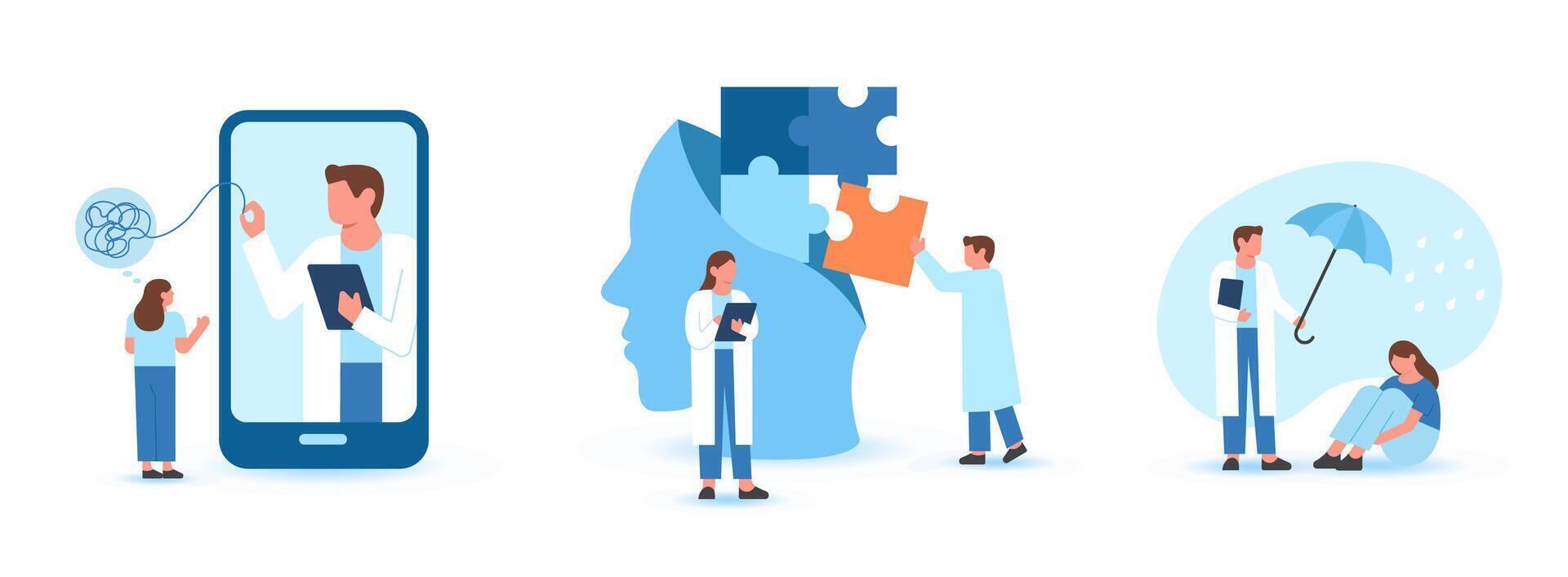 Mental health problems. Characters having consultation and therapy against mental diseases with doctors psychologist. Mental disorder concept. Flat cartoon vector illustration and icons set.